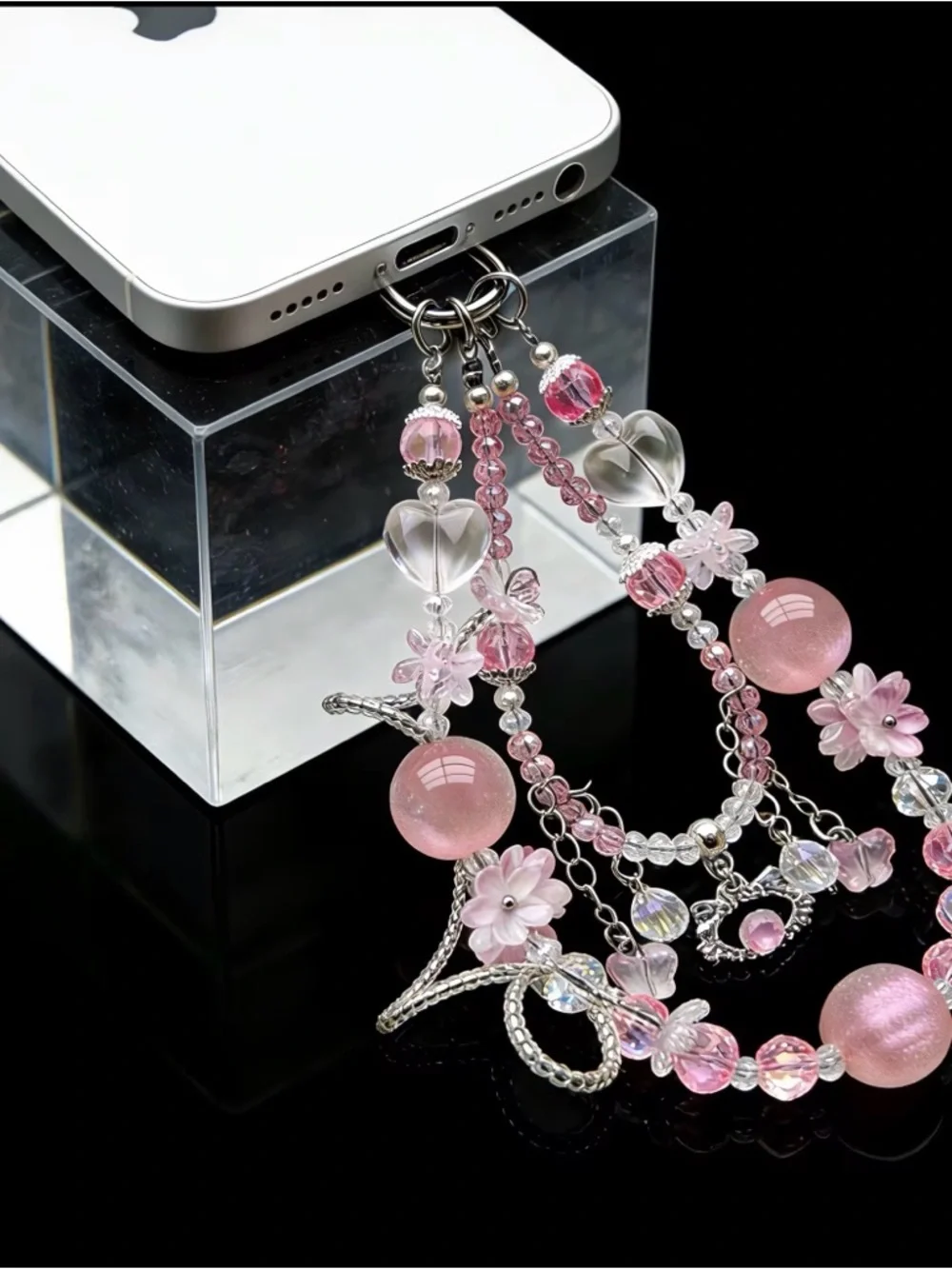 Pink Beaded Phone Chain SoftGirl Aesthetic Strap Cute Phone Charm Floral Lanyard